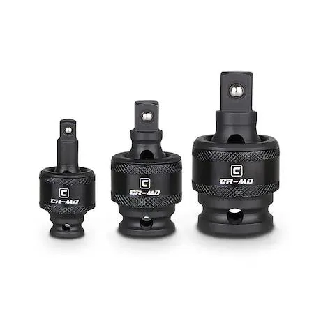Three impact universal joints in dark finish, 1/4, 3/8, 1/2 inch drives