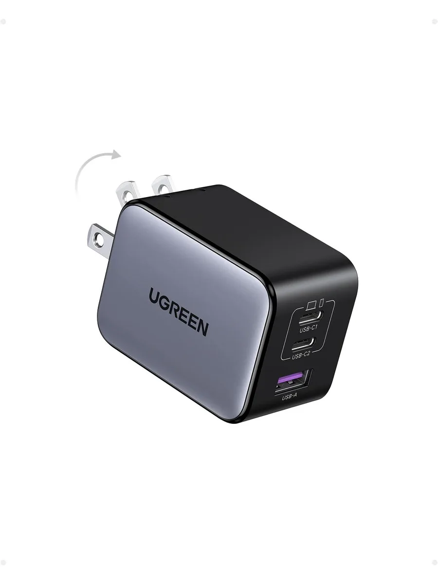 Compact white rectangular GaN wall charger with foldable prongs and three ports: two USB-C, one USB-A