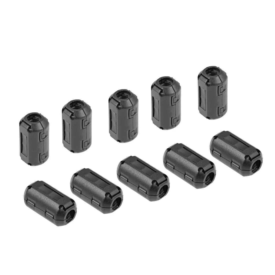 Ten black cylindrical clip-on ferrite cores, 19 by 35 mm, for 7 to 9 mm cables