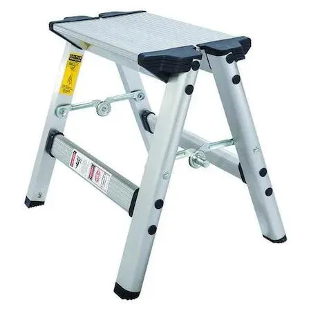 Silver anodized aluminium step stand, single step, folded flat showing nonskid rubber feet