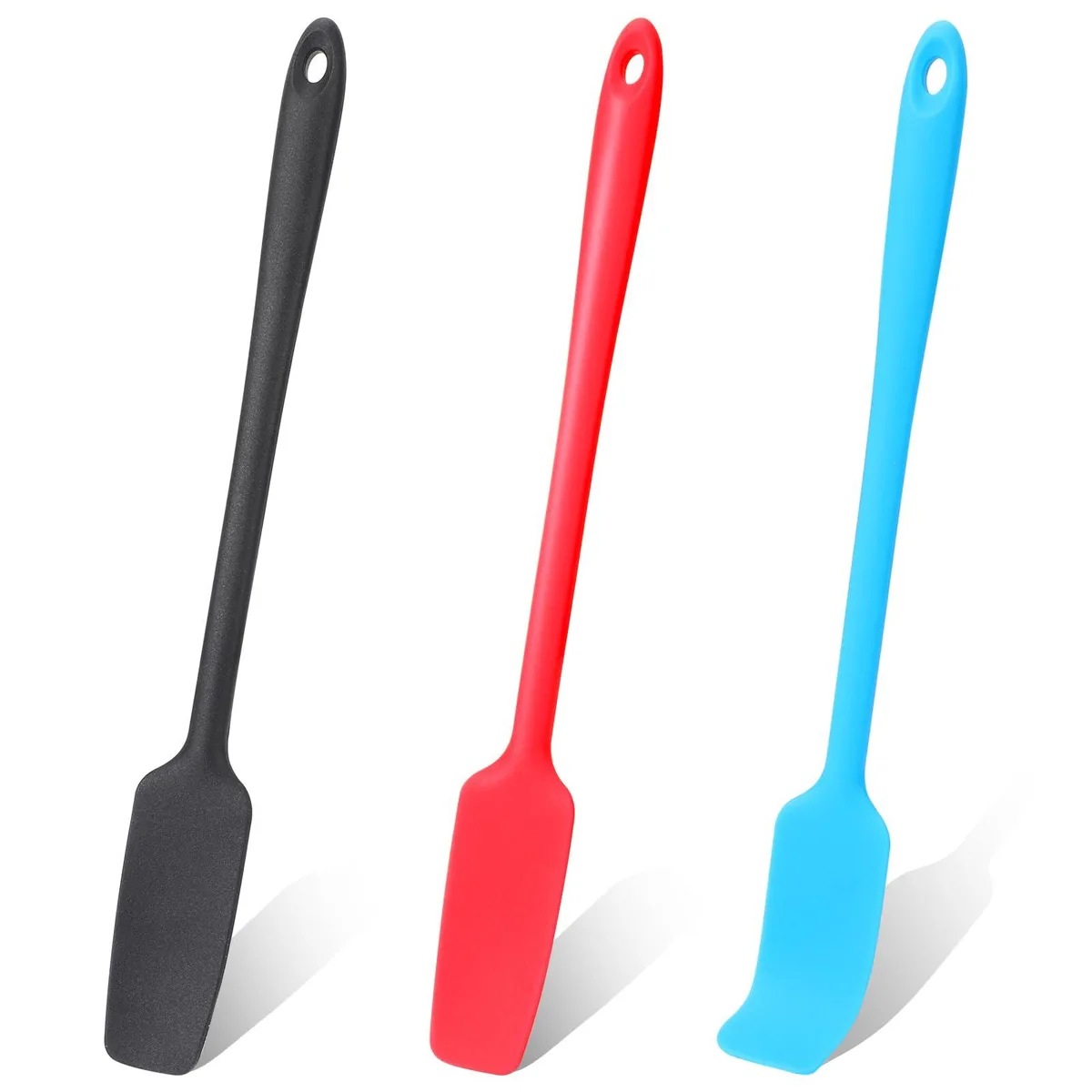 Three silicone jar spatulas with long handles in black red and blue each 28.3 cm long with hanging holes