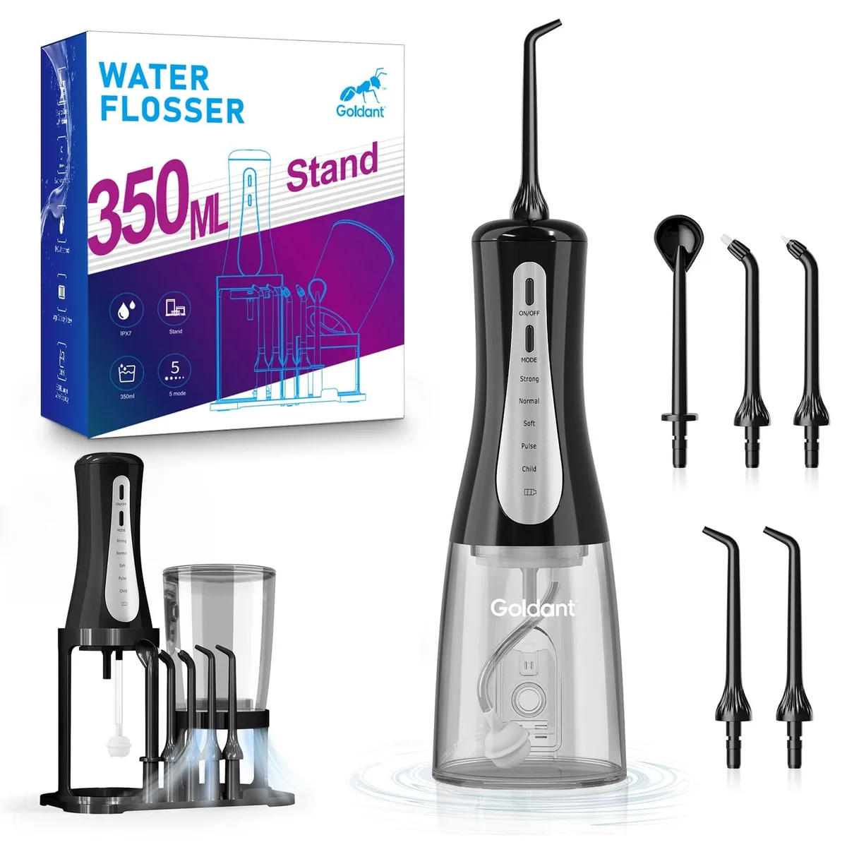White cordless water flosser with upright storage stand and detachable tank