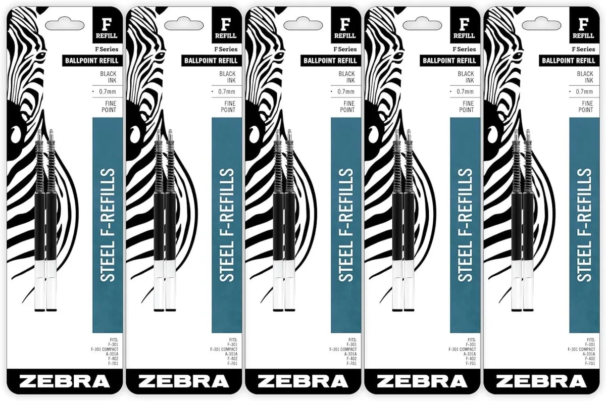 Ten silver metal ballpoint refills with black ink tips in a clear pack