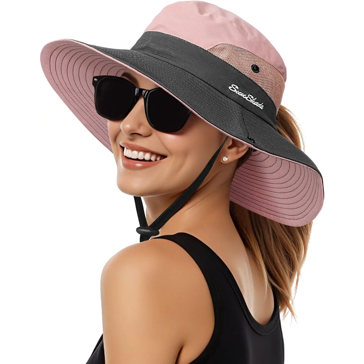  Sun Hats for Women Wide Brim Bucket Hat Ponytail Hole Pink UPF 50+ 3.5" Brim — product photo