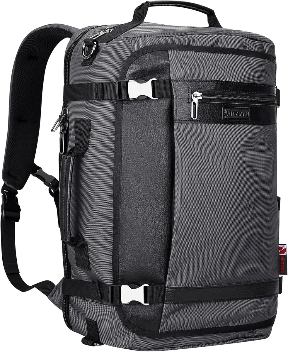 Silvery grey nylon travel backpack with hidden straps and USB port