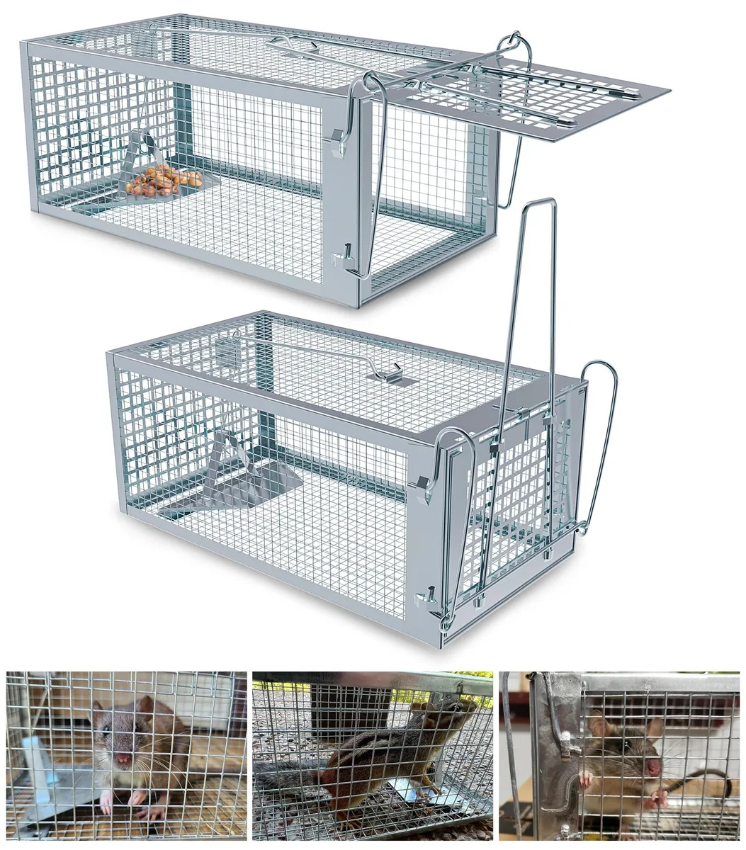 Two galvanised steel cage traps, cuboid, silver finish