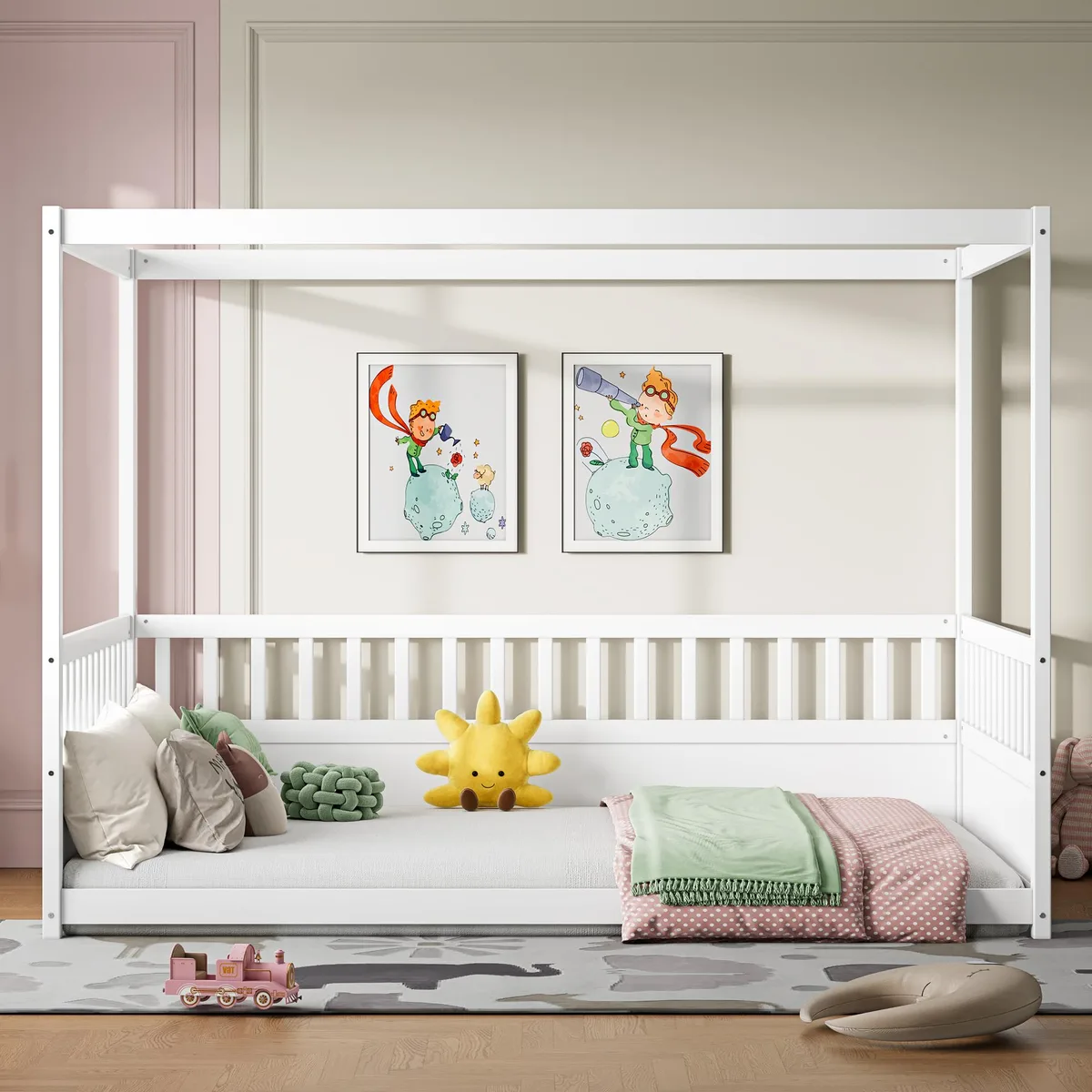 White pine canopy bed frame with tall guardrails and four posts