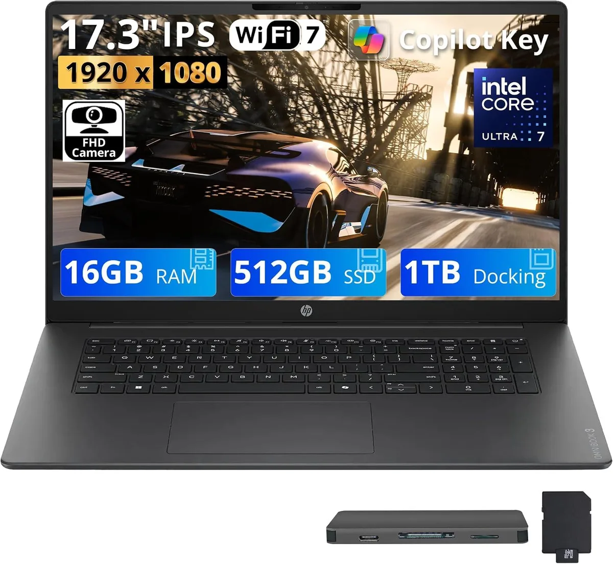 HP HP OmniBook 3 17.3" FHD IPS Business Laptop Core Ultra 7 255U 16GB DDR5 1.5TB Storage Mica Silver — product photo