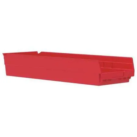 Red plastic shelf storage bin, 23 5/8 in long, hangable and nestable