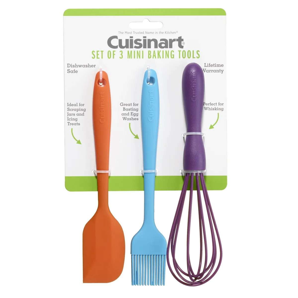 Three small silicone baking tools: spatula, brush, whisk