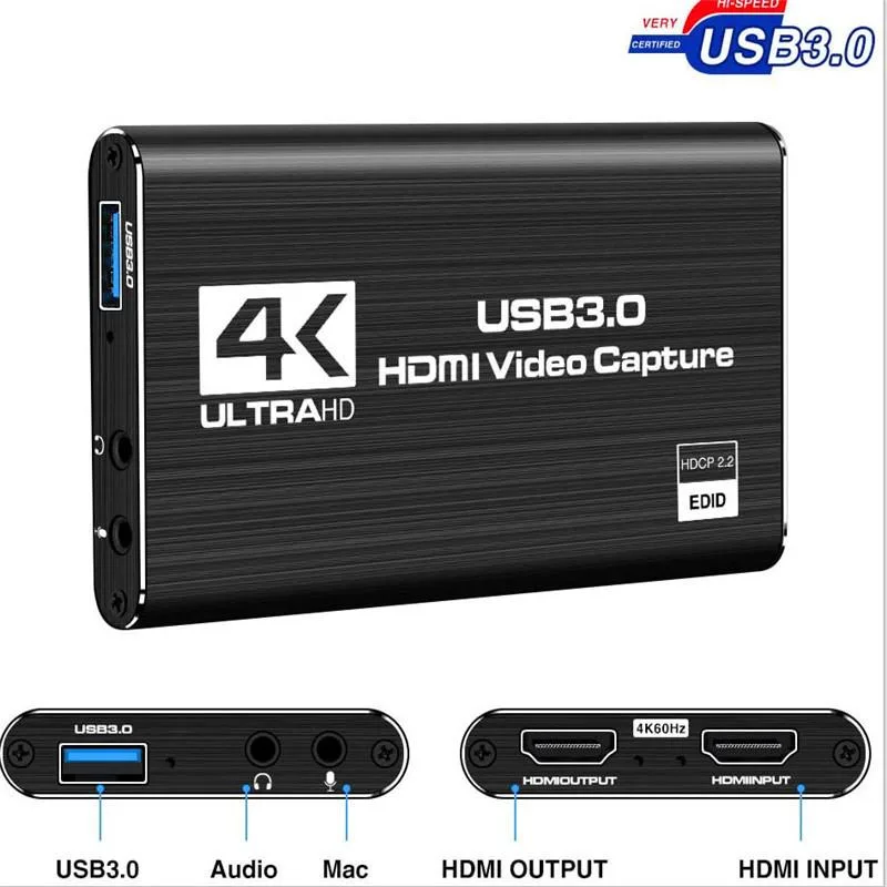 Small black aluminium capture dongle with HDMI and USB 3.0 connectors