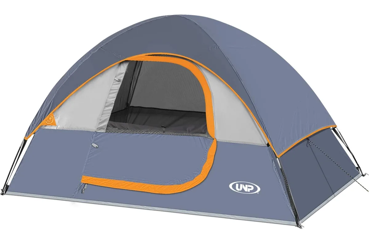 Grey dome tent with rainfly and mesh windows
