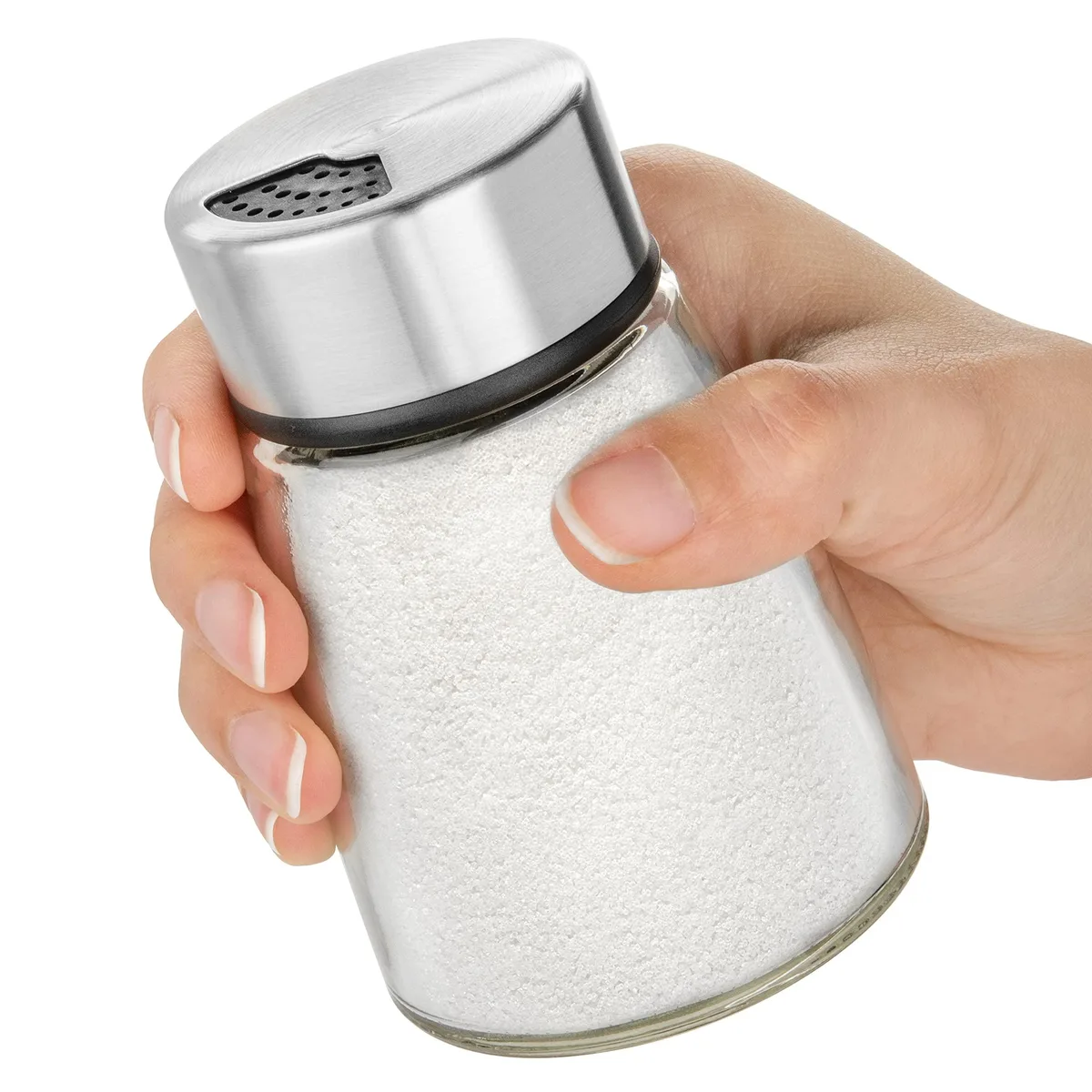 Cylindrical stainless steel spice dispenser with adjustable rotating lid and glass body
