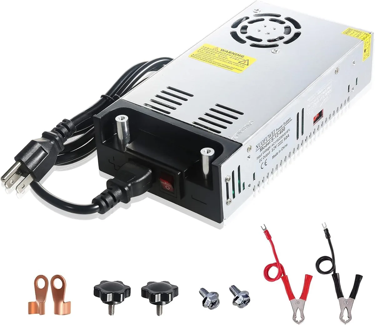 Rectangular metal power supply, silver aluminium shell, cooling fan, terminal block, anti-slip base