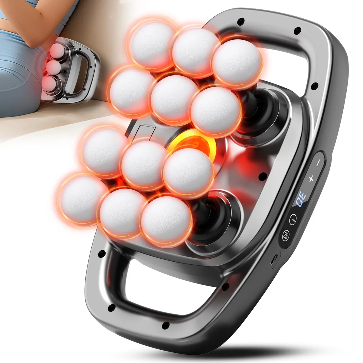 Grey handheld massage gun with twelve interchangeable heads