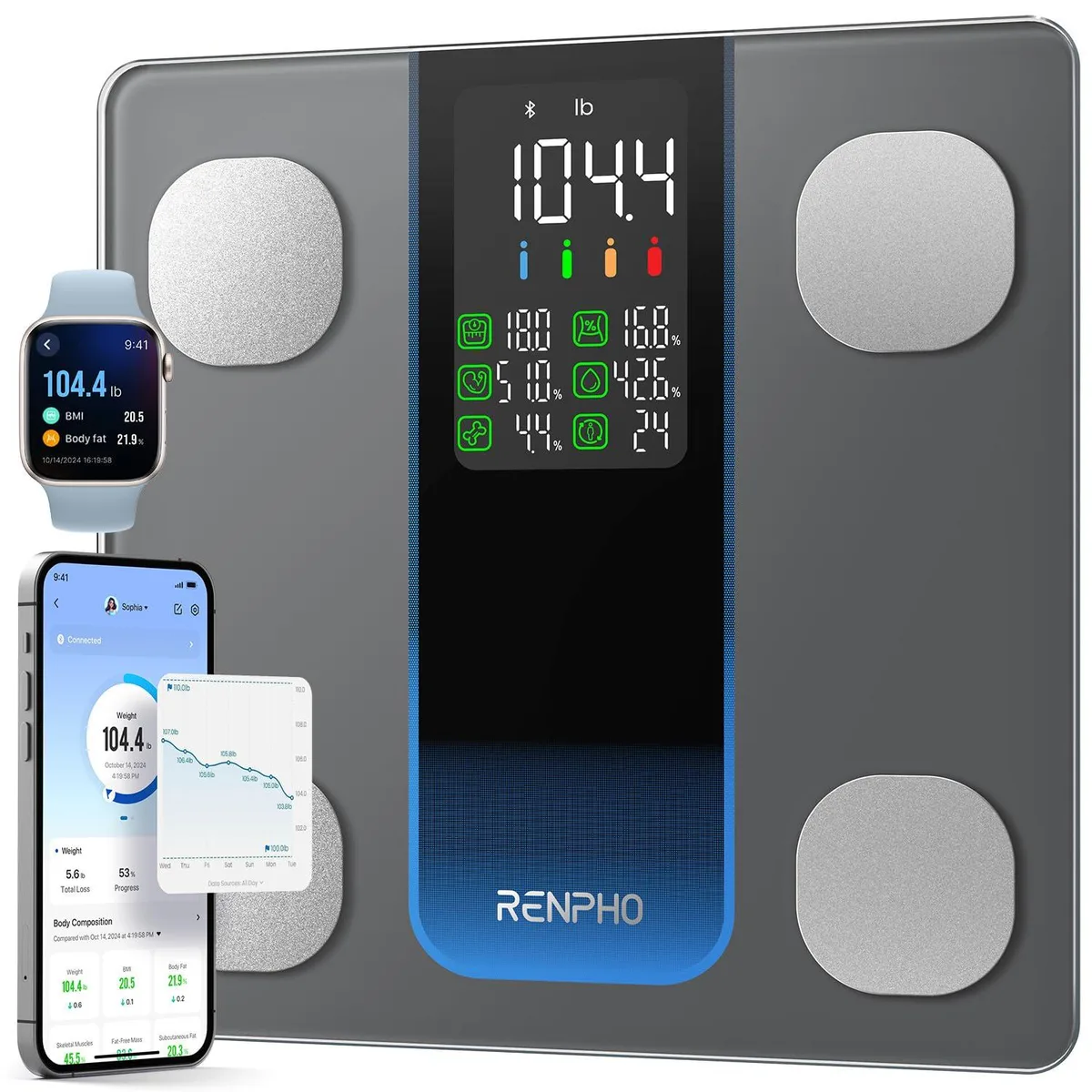 Square grey bathroom scale 11.8 inches wide thin profile large LED display