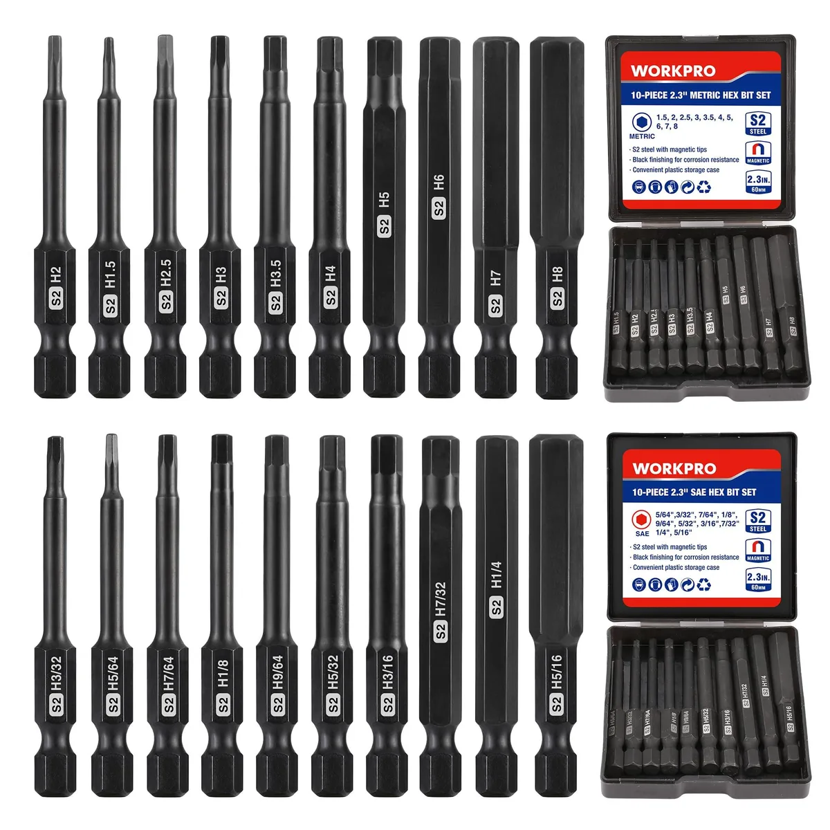  WORKPRO 20pcs Hex Bit Set S2 Steel 2.3in Metric SAE 1/4in Shank Machine Shop Hardware — product photo