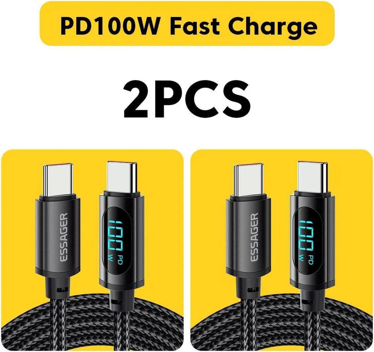 Aomoproing Aomoproing USB C to USB C Cable 100W 5A LED Display 3.3ft 2-Pack — product photo