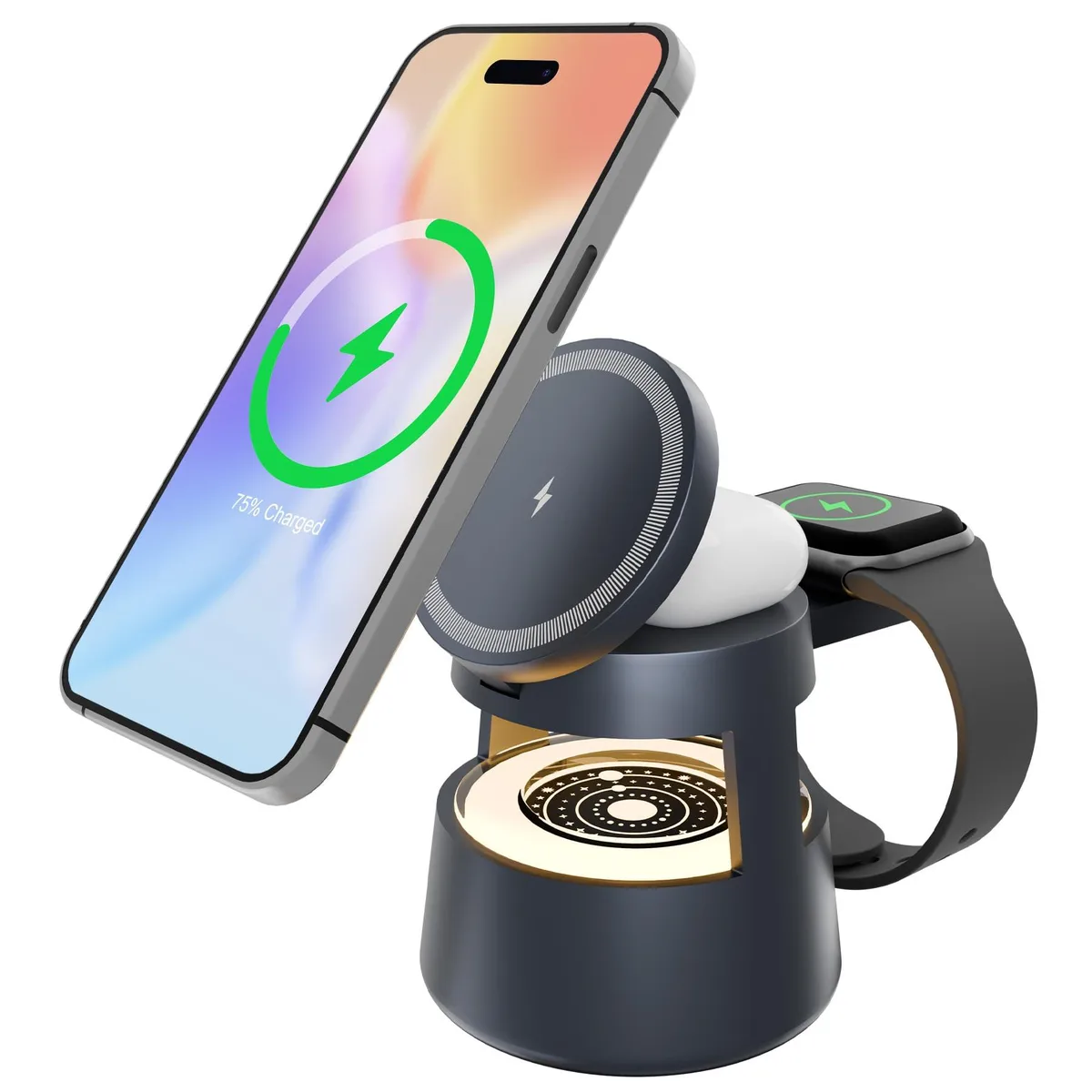 Compact white 3-in-1 magnetic charging stand for iPhone, Apple Watch and AirPods with 30W PD adapter