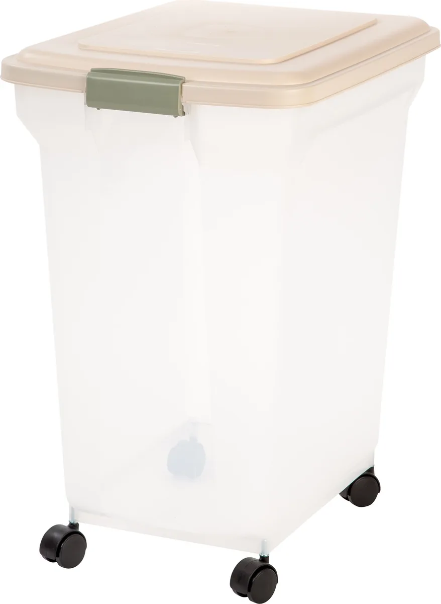 Large rectangular almond plastic pet food container with airtight lid and handle, 19.3 by 14.8 by 23.7 inches