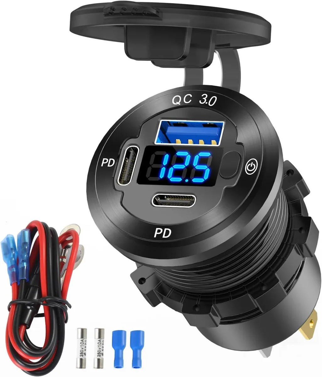 Hamzan Hamzan 12V 3-Port USB Charger 78W PD 30W QC 3.0 Voltmeter Switch — product photo