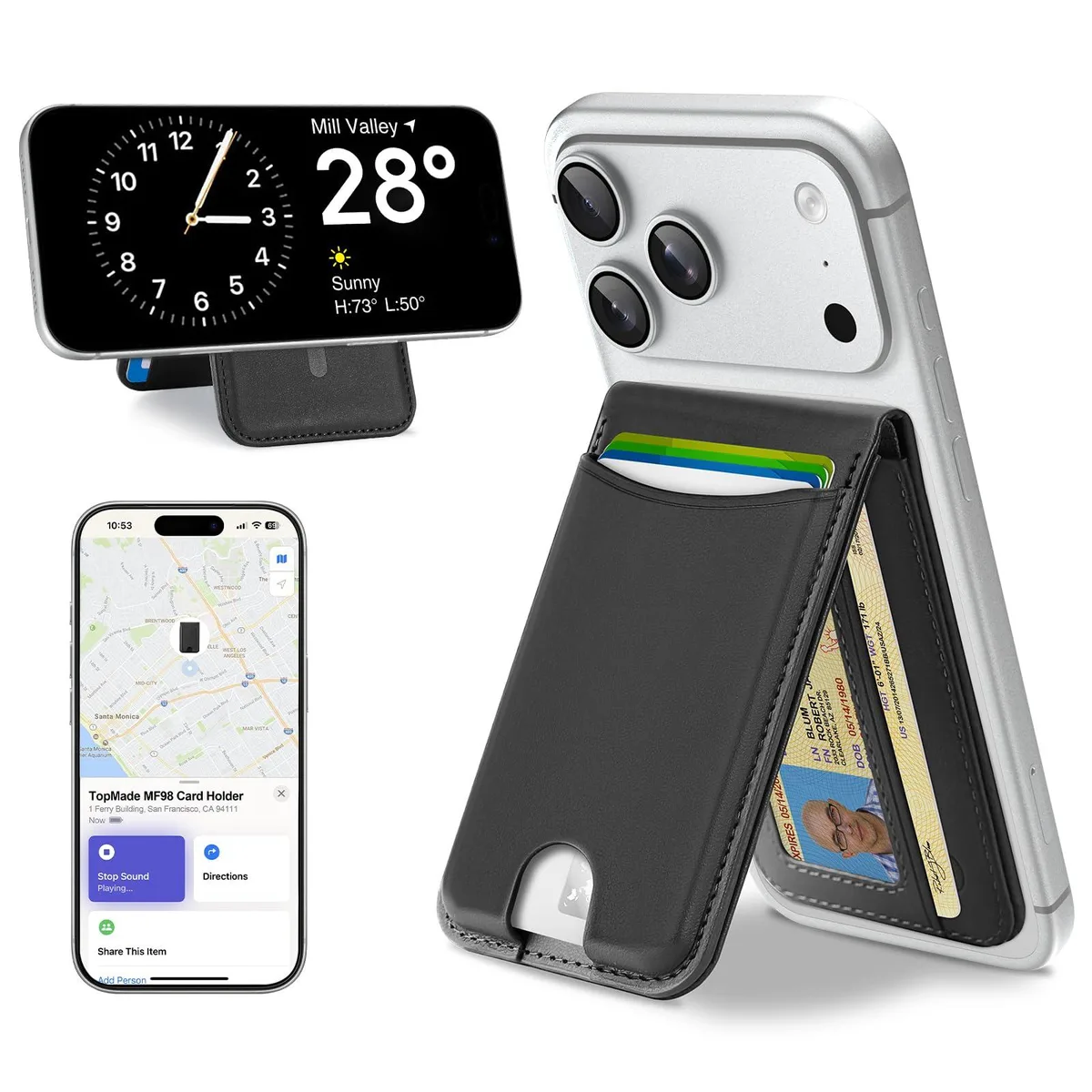  TopMade Magnetic Wallet for MagSafe, Find My, Stand, 6 Card, RFID, Black — product photo