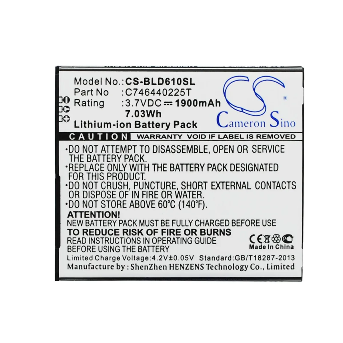 Cameron &amp; Co Cameron &amp; Co DS-CS-BLD610SL cell phone battery 3.7V 1900mAh 7.03Wh Li-ion 1.9Ah black — product photo