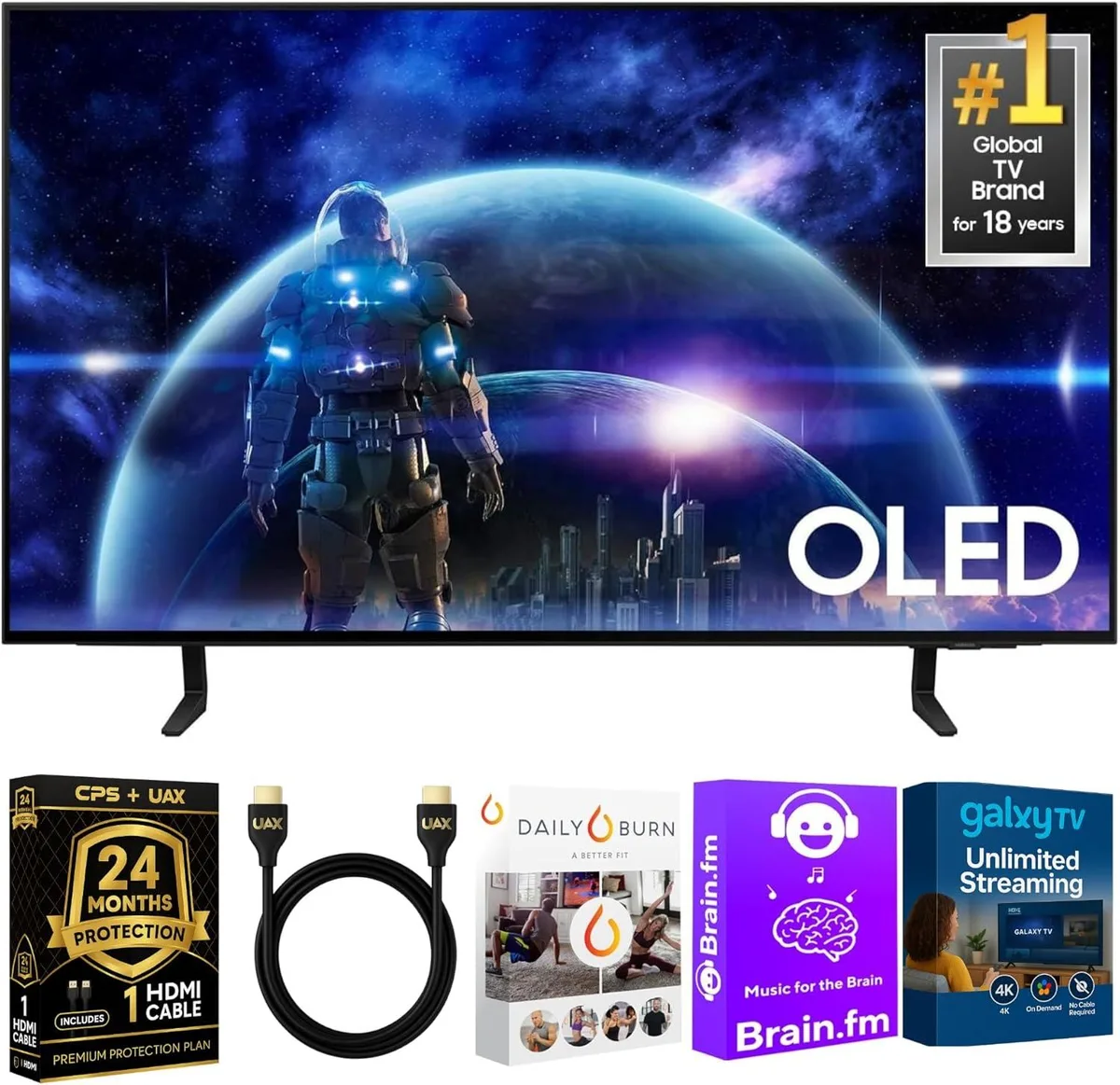 A thin 65 inch OLED panel on a slim stand, near-black bezels and a matte charcoal finish