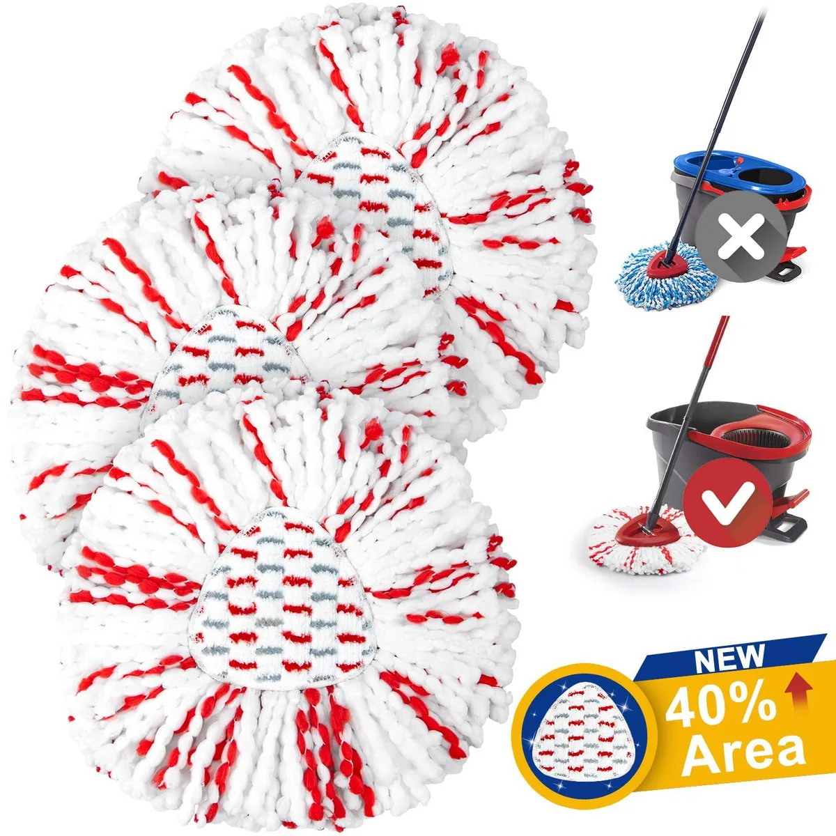 Three red microfibre spin-mop heads, round flat discs with white stitching, packed together
