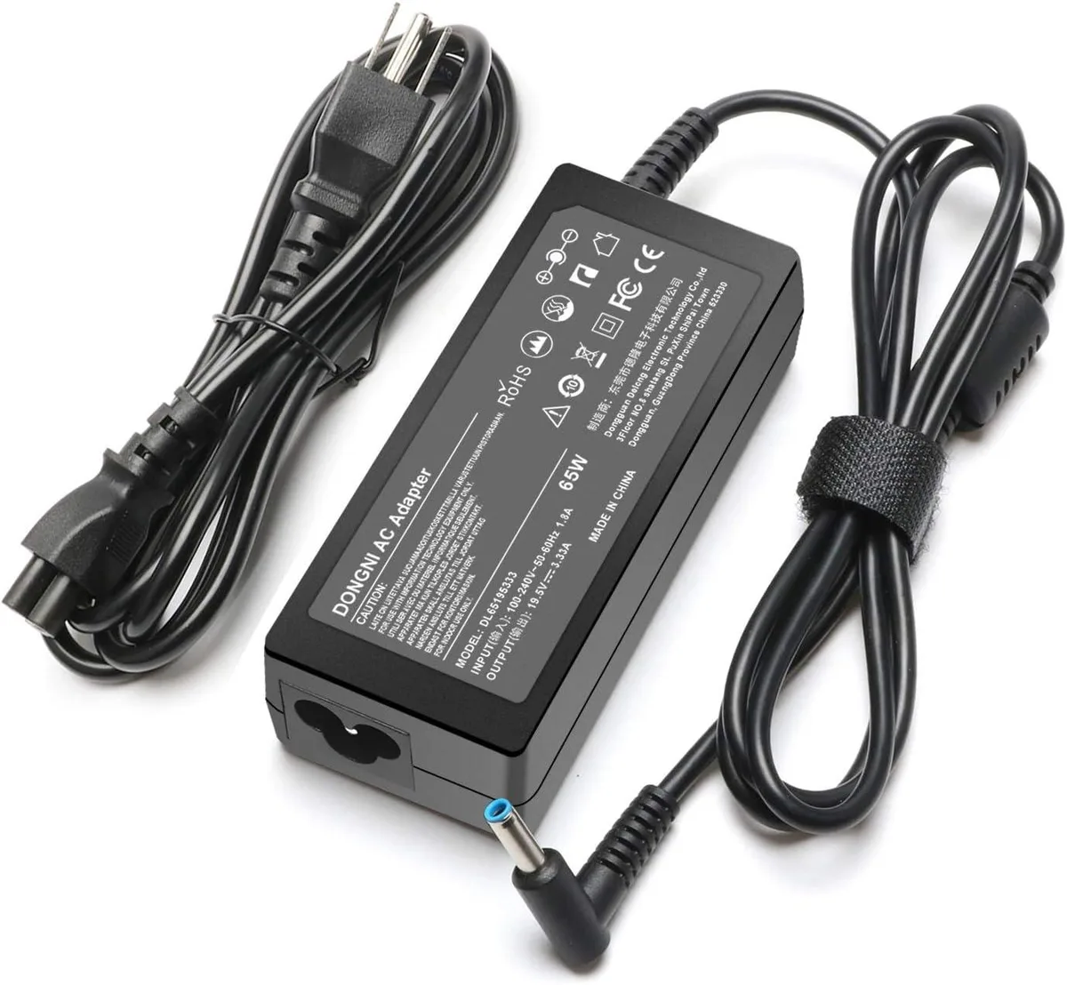 Black rectangular AC adapter with blue barrel tip and detachable power cord