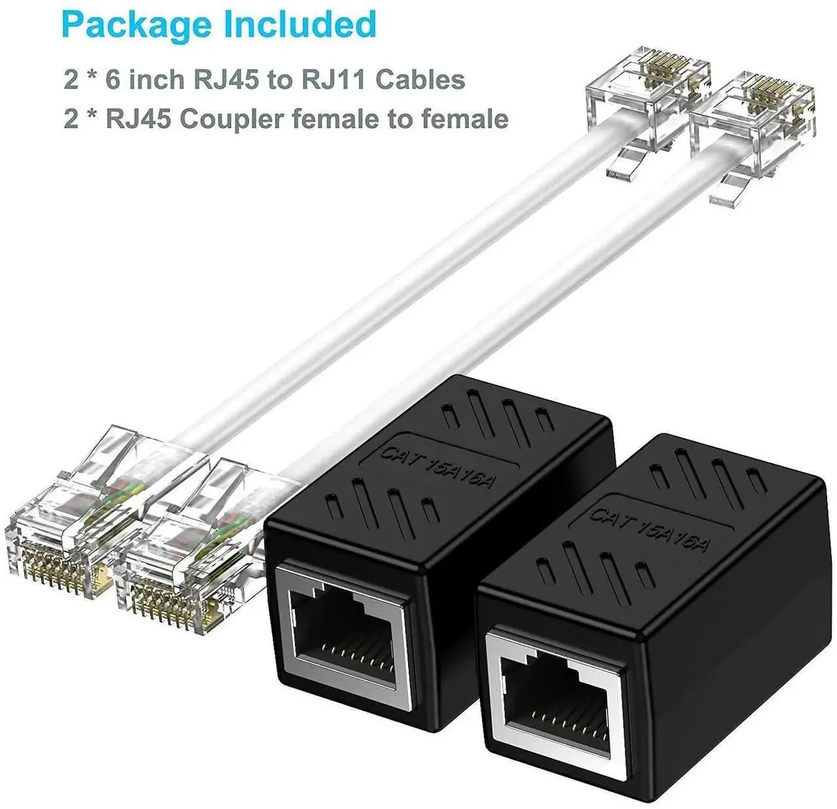 Two short RJ45-to-RJ11 cables and two female-to-female couplers, all black with gold contacts
