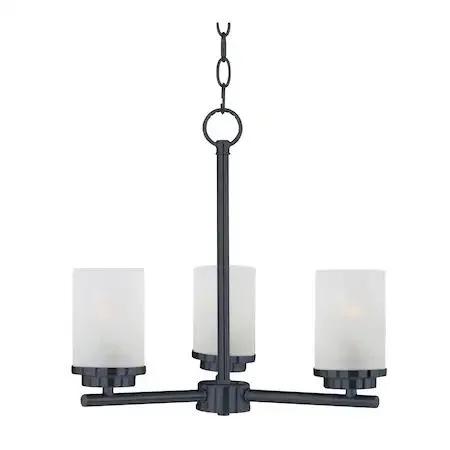 Black three-light chandelier with frosted glass cylinders on a steel frame