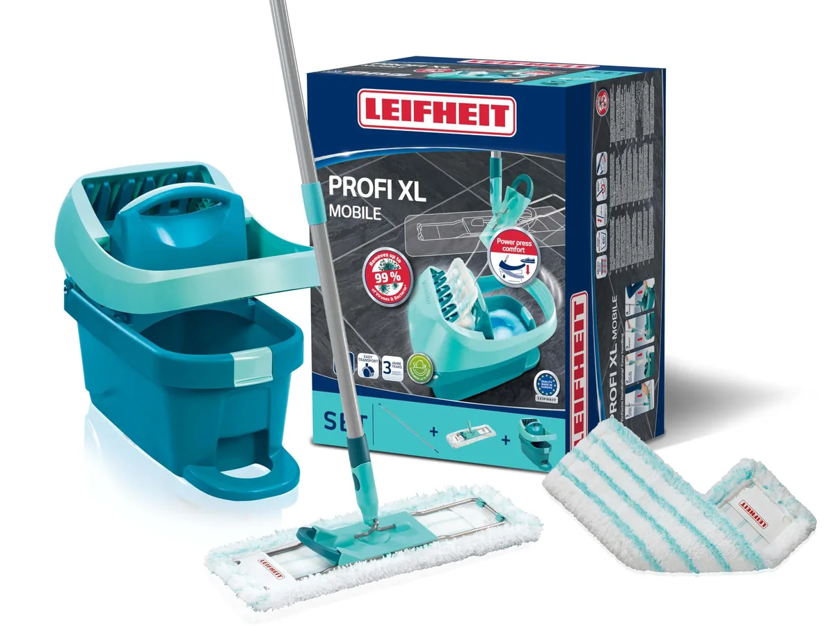 Turquoise microfibre mop head on telescopic alloy handle with 8 L bucket and foot pedal