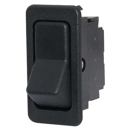 Black rocker switch, rectangular body, non-illuminated, quick-connect tabs