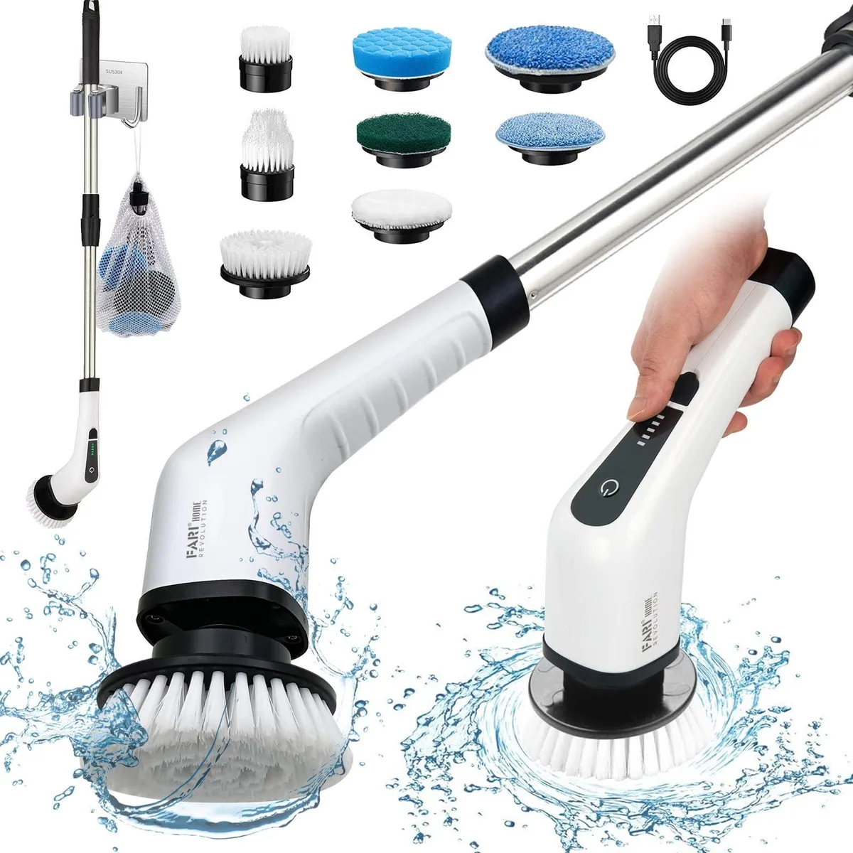 White cordless spin scrubber with adjustable telescopic handle and multiple brush heads attached