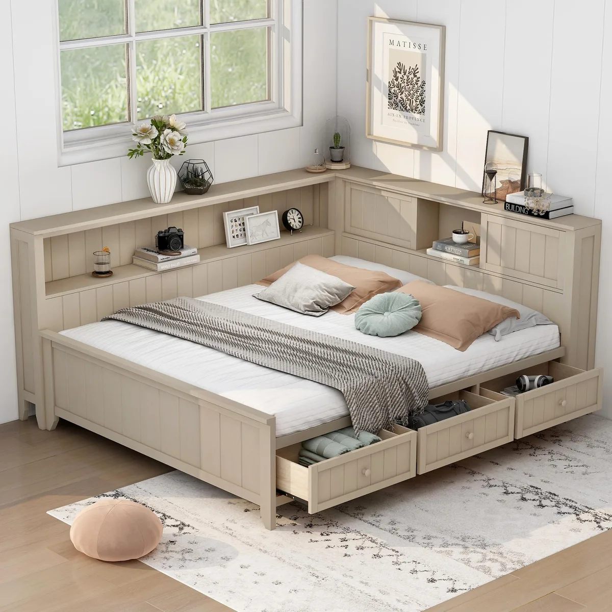 tuphen tuphen Full Size Wood Daybed with Storage Shelves and 3 Drawers, Antique White Milk — product photo