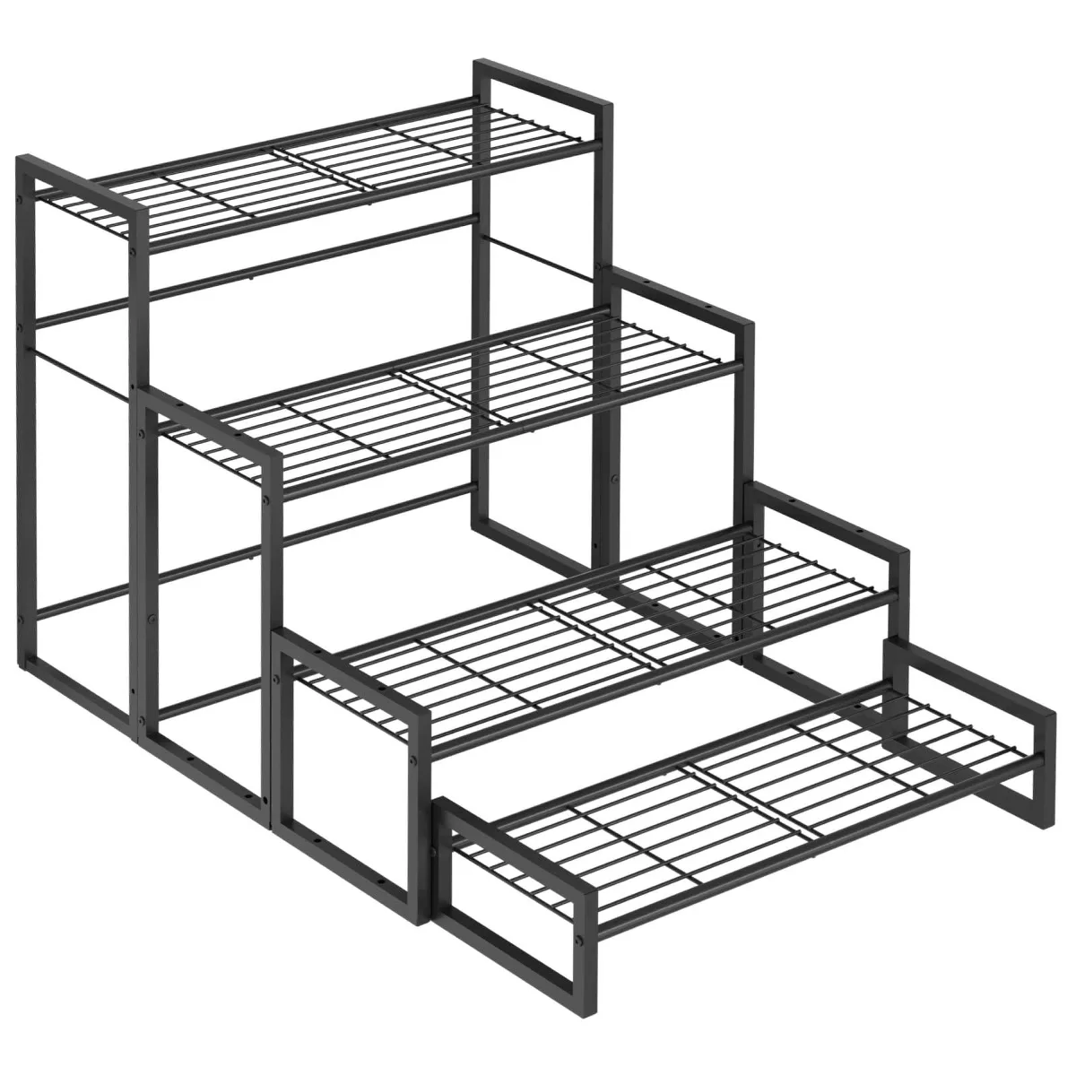 Black metal four-tier plant stand, rectangular stepped frame, 9.84 inch wide shelves, painted finish