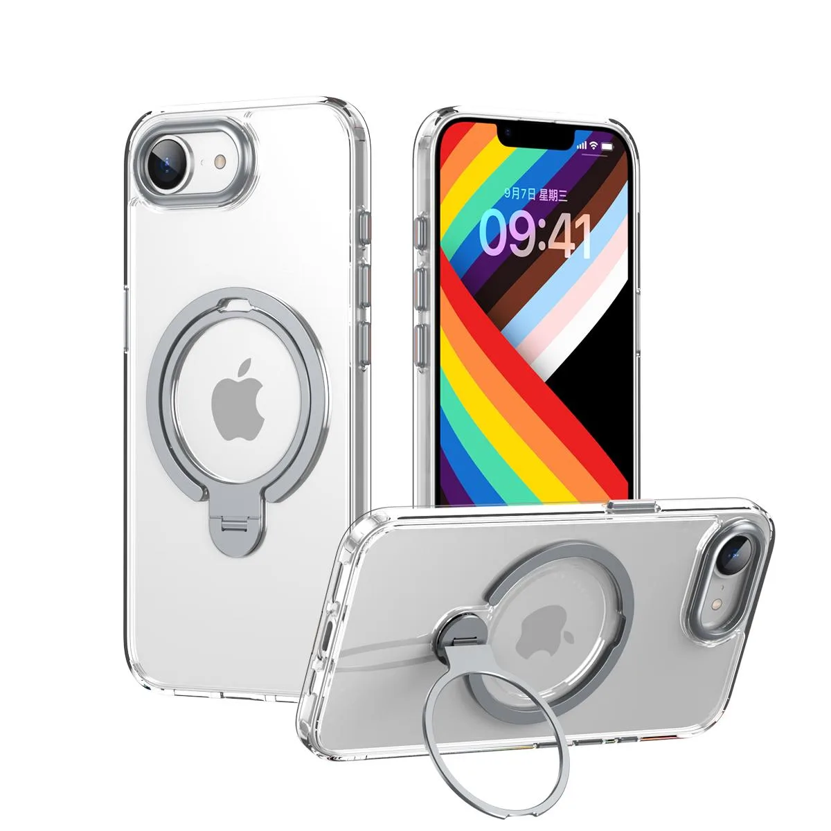 Translucent matte iPhone 16e case with 360° rotatable ring stand