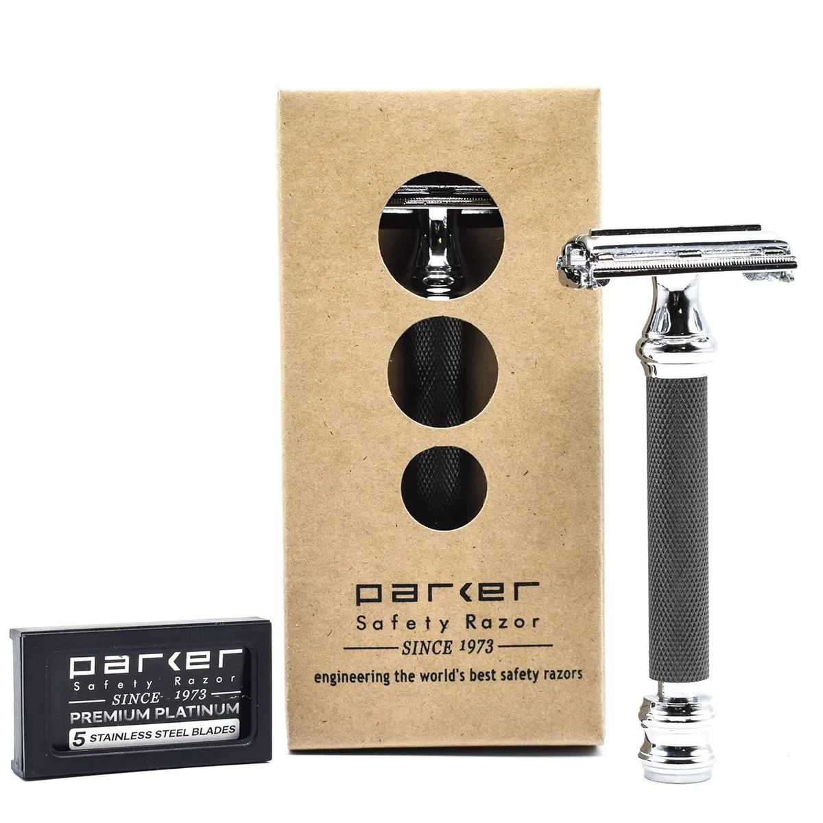 Gunmetal safety razor with long knurled handle and butterfly head