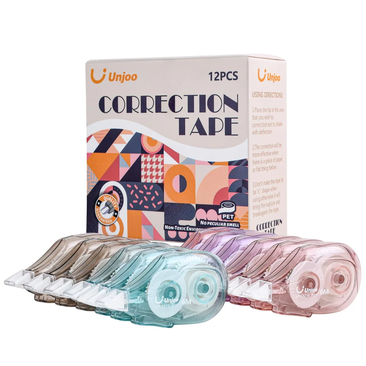 Pack of twelve white correction tape dispensers in four colours, matte plastic finish, ergonomic grip, 5 mm tape width