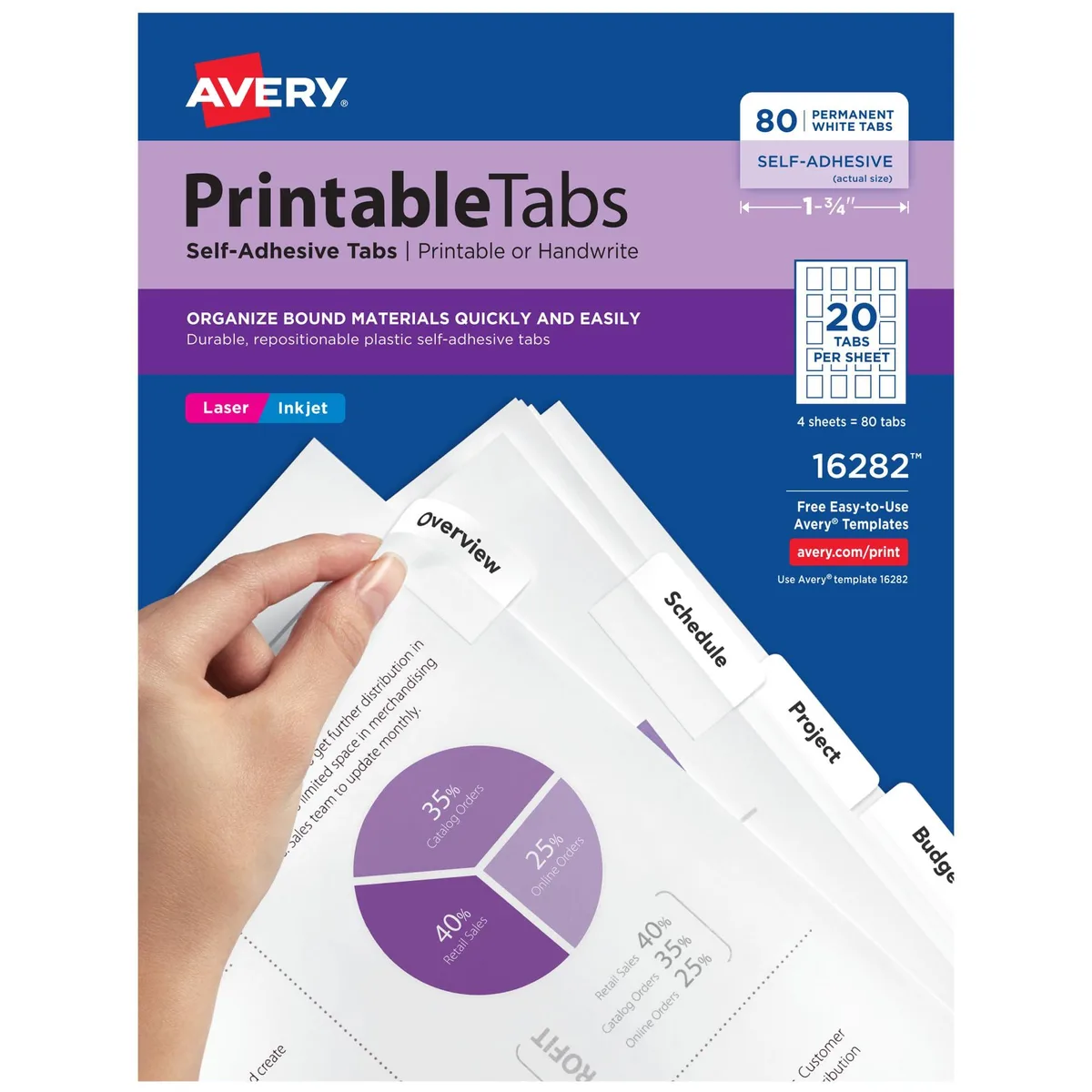  Avery 16282 Printable Self-Adhesive Plastic Tabs White 1-3/4" Pack of 80 — product photo