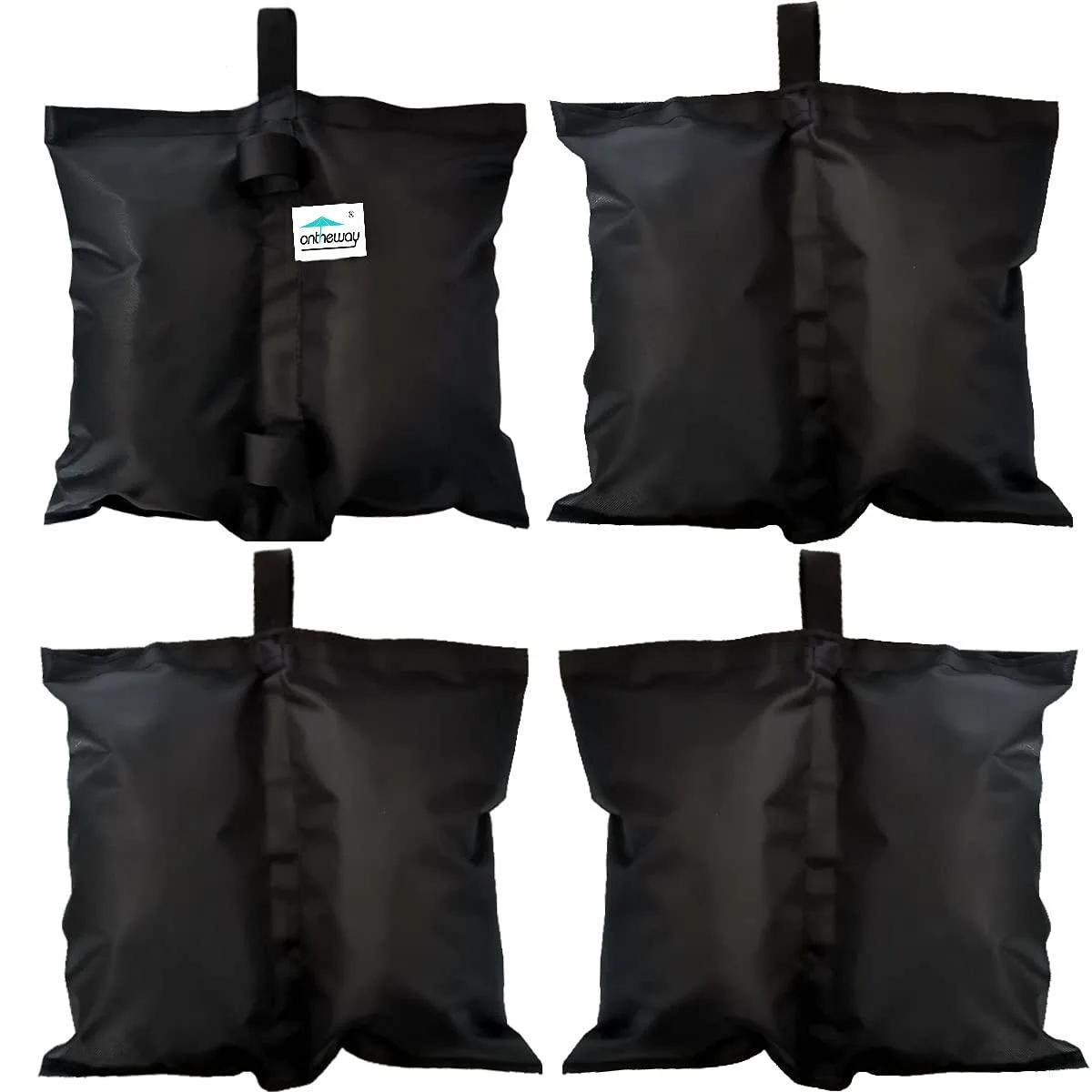 Four black rectangular sand bags with Velcro straps for canopy legs