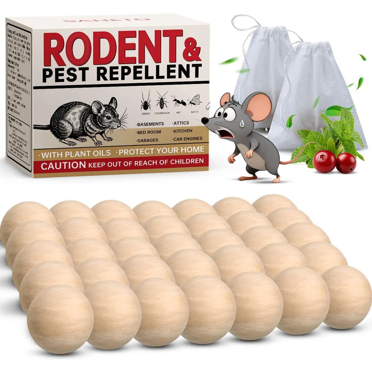 White mesh pouches containing peppermint-scented repellent balls on a flat surface