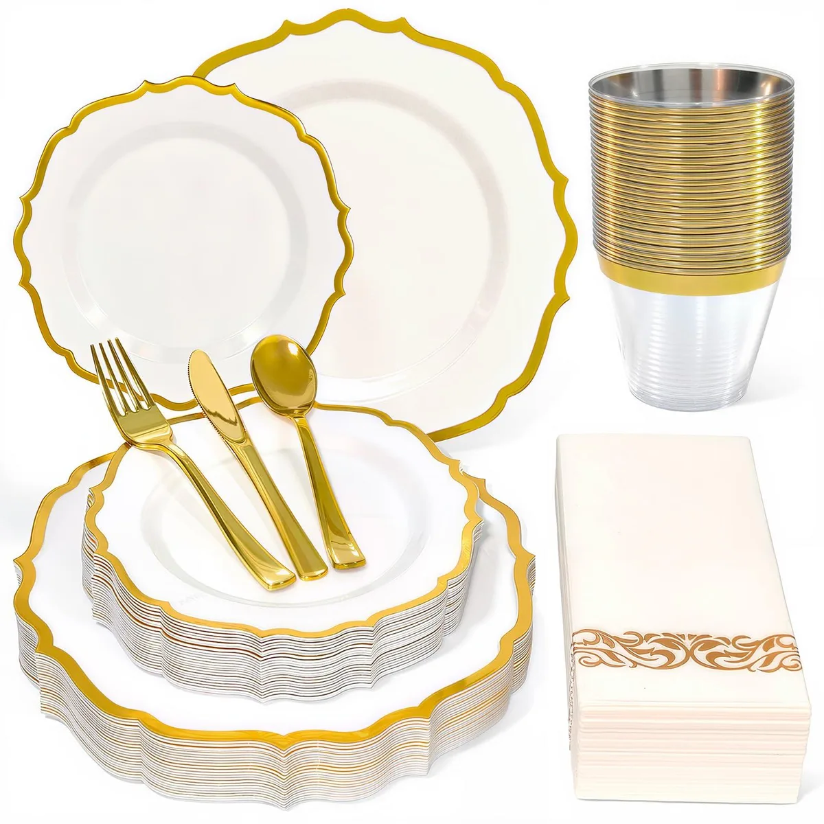 White square plastic dinnerware set with baroque gold rim for 25 guests