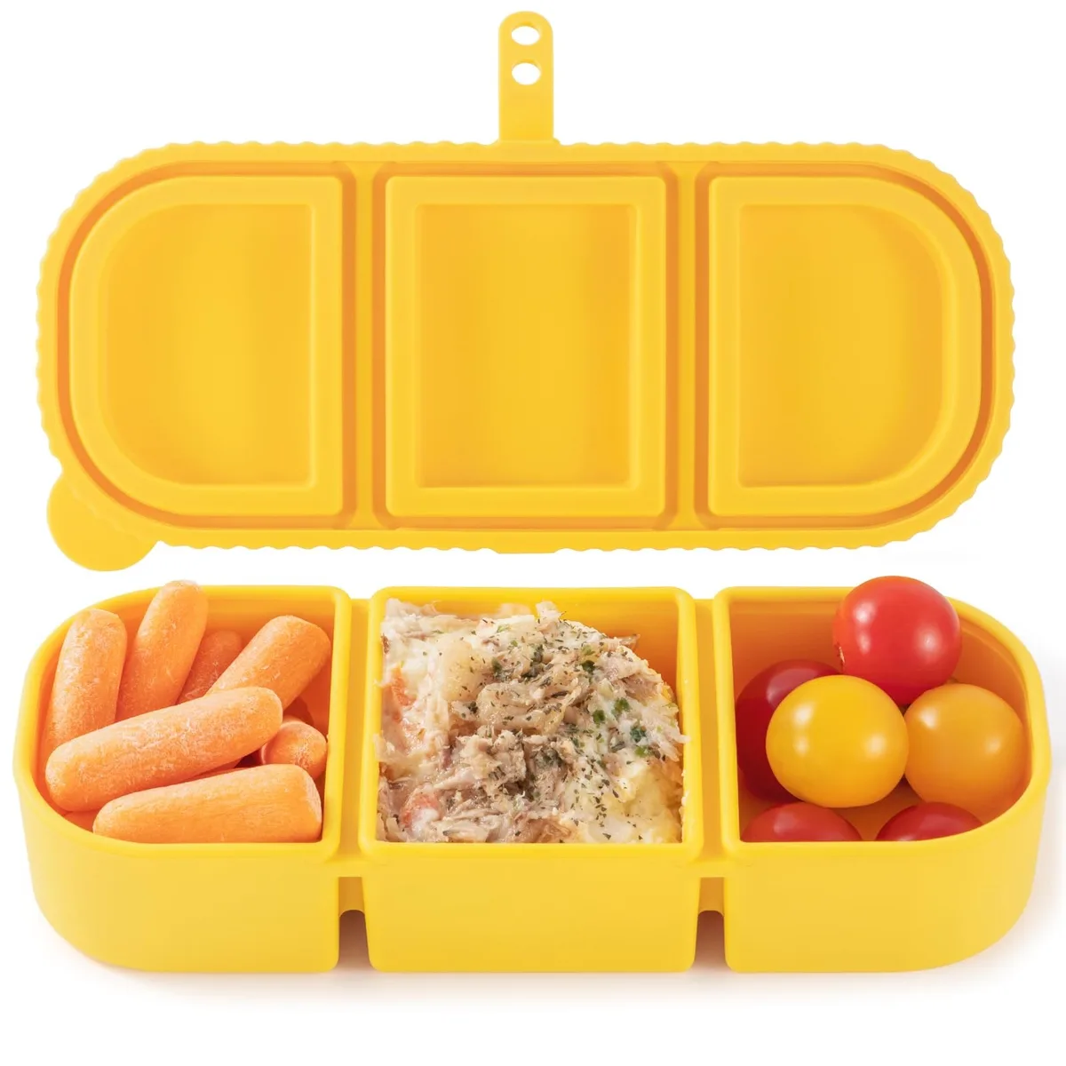 Red silicone three-compartment snack box with airtight lids