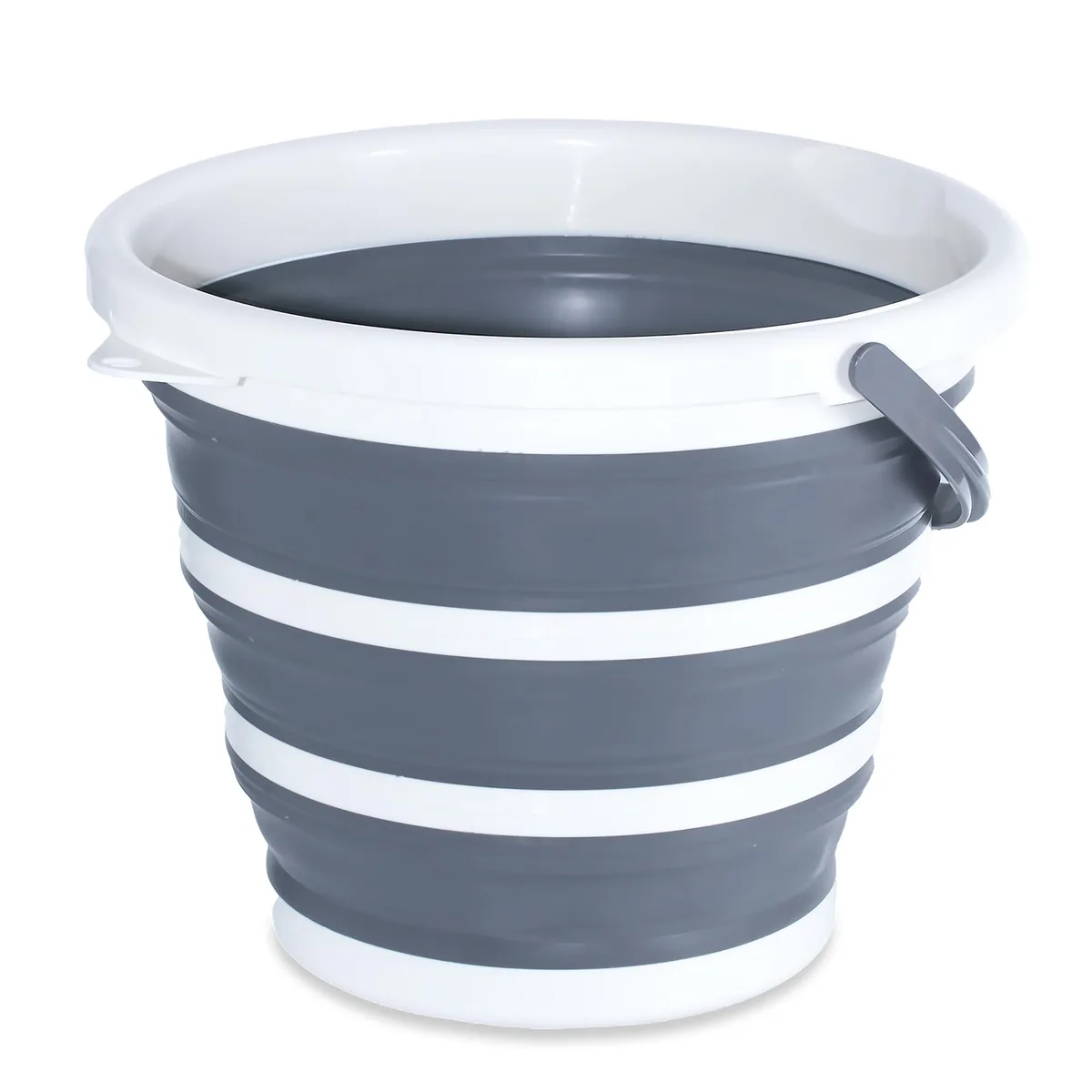 Red round collapsible bucket with handle, folds flat to 1.97 inches