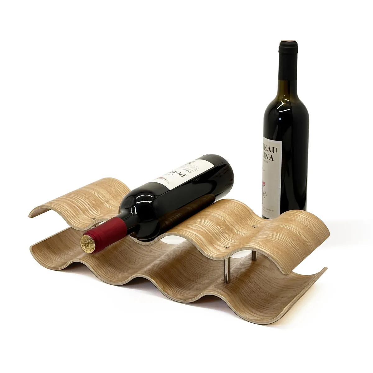 Two-tier wooden wine rack with stainless steel dowels, wavy slots for seven bottles, countertop size