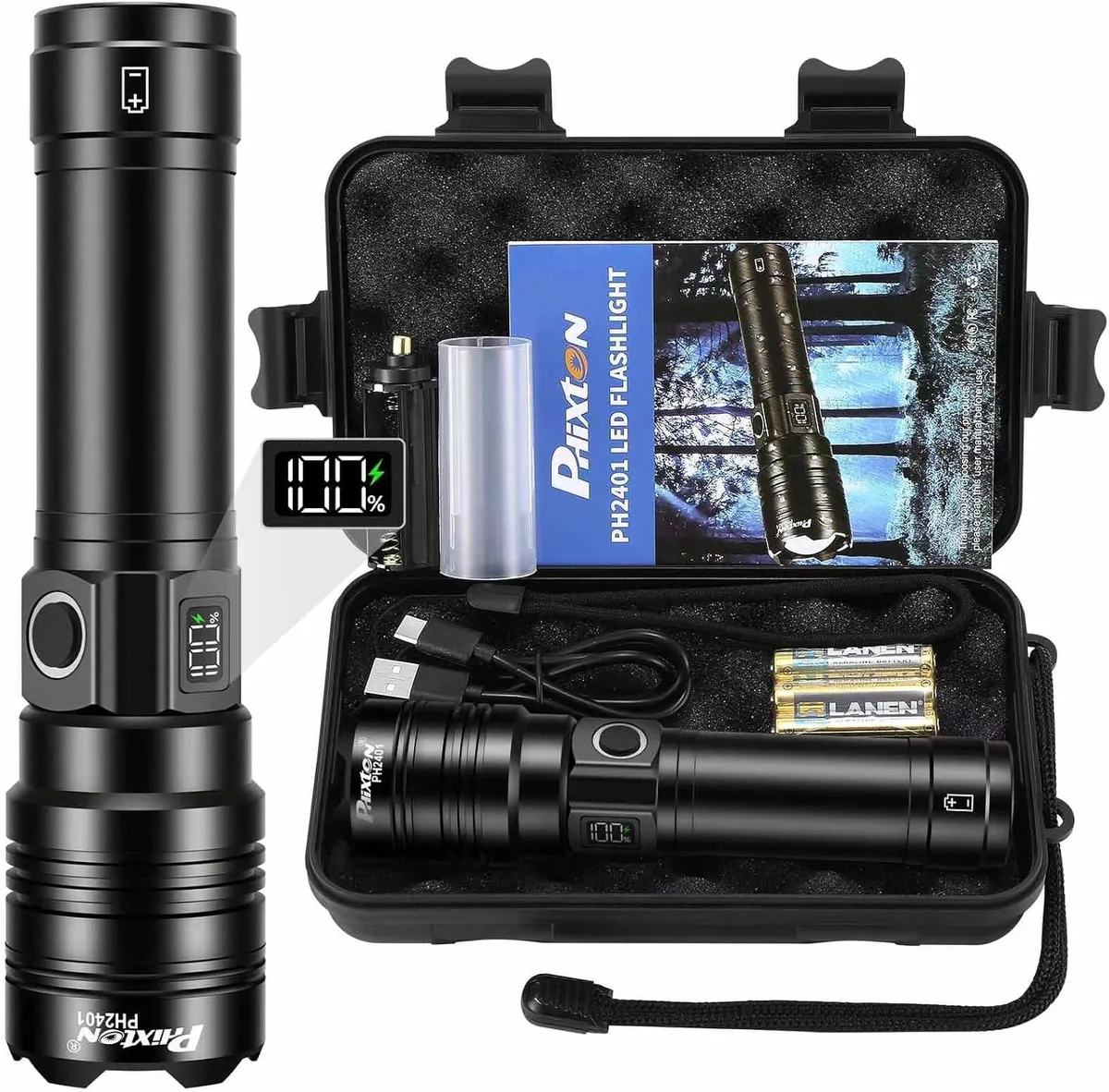 MAONO PH2401 black cylindrical flashlight with USB-C port and digital display