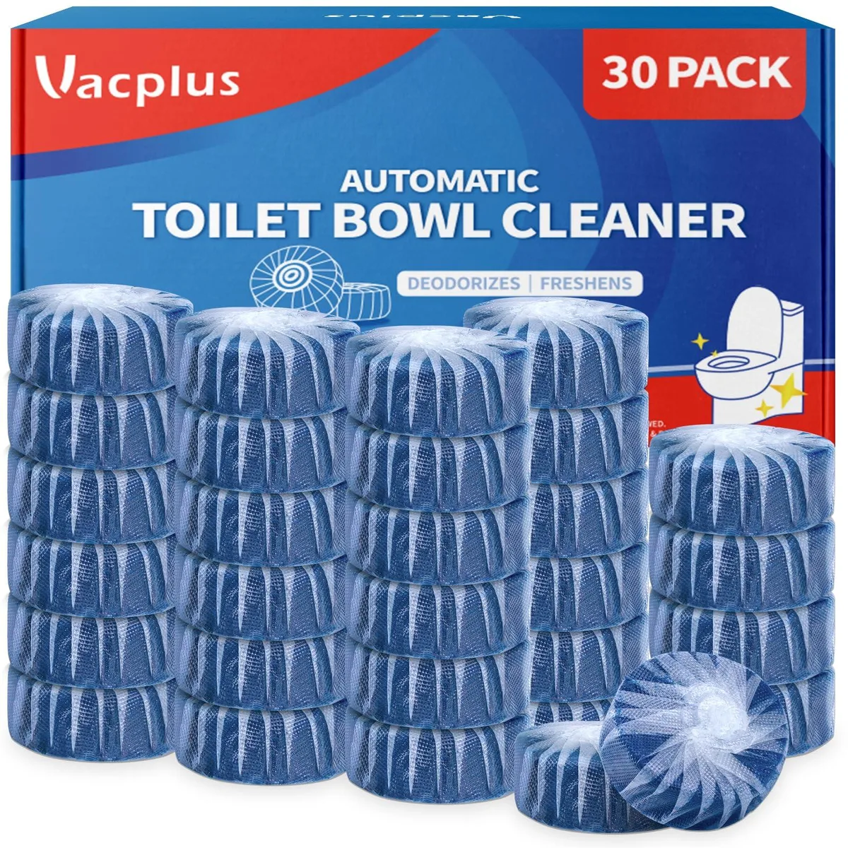 White toilet tank cleaner tablets in a 30-count pack
