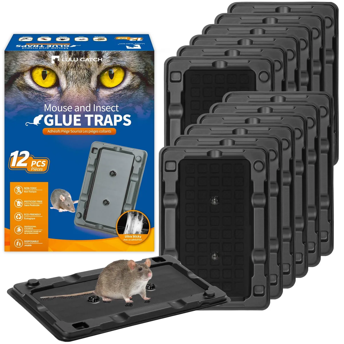Twelve flat rectangular glue boards with peanut butter scent visible in pack